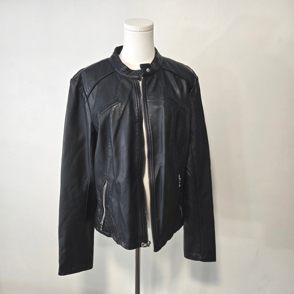 Guess Moto Jacket Womens XXL Black Faux Leather Zip Band Collar 22NM232